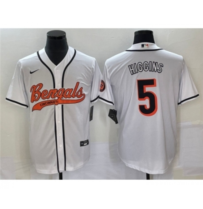 Men's Cincinnati Bengals #5 Tee Higgins White Cool Base Stitched Baseball Jersey