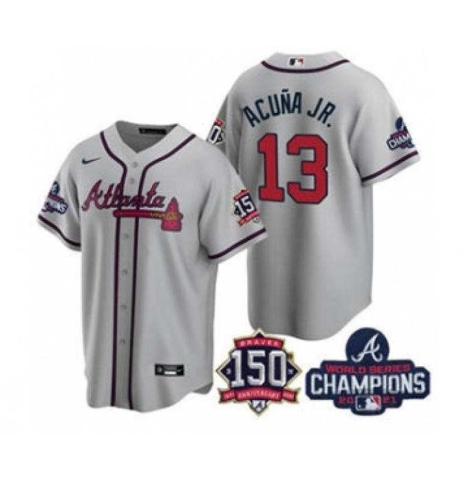 Men's Atlanta Braves #13 Ronald Acuna Jr. 2021 Gray World Series Champions With 150th Anniversary Patch Cool Base Stitched Jersey
