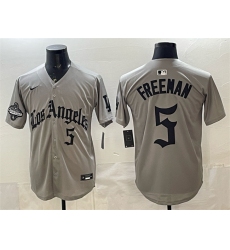 Men's Los Angeles Dodgers #5 Freddie Freeman Grey LA Gothic Style With 2025 World Series Champions Limited Stitched Baseball Jersey