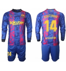 Men 2021-2022 Club Barcelona Second away blue Long Sleeve 14 Soccer Jerseys