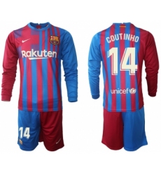 Men 2021-2022 Club Barcelona home red blue Long Sleeve 14 Nike Soccer Jerseys