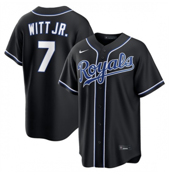 Men's Kansas City Royals #7 Bobby Witt Jr. Black Out Stitched Baseball Jersey