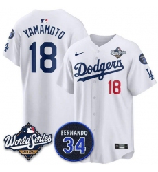 Men's Los Angeles Dodgers #18 Yoshinobu Yamamoto White 2025 World Series With No. 34 Limited Stitched Jersey