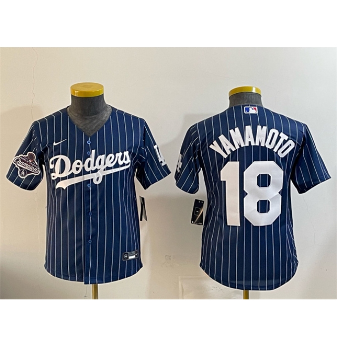 Youth Los Angeles Dodgers #18 Yoshinobu Yamamoto Navy Pinstripe 2025 World Series Champions Cool Base Stitched Baseball Jersey
