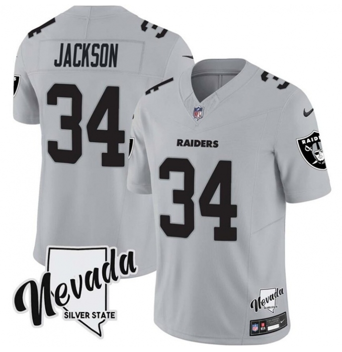 Men's Las Vegas Raiders #34 Bo Jackson Gray F.U.S.E. With Nevada Silver Stat Vapor Limited Football Stitched Jersey