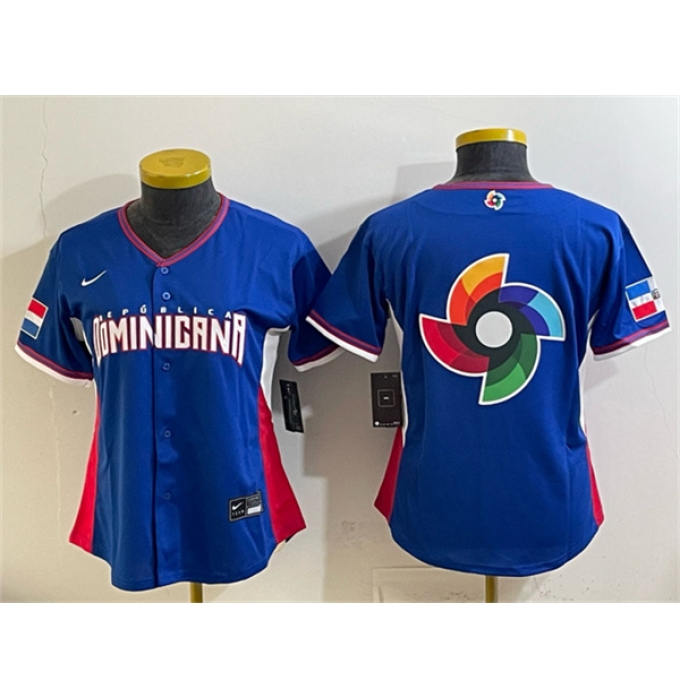Women's Dominican Republic Baseball Royal 2026 World Baseball Classic Big Logo Road Stadium Stitched Baseball Jersey(Run Small)