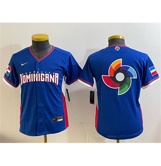 Youth Dominican Republic Baseball Royal 2026 World Baseball Classic Big Logo Road Stadium Stitched Baseball Jersey
