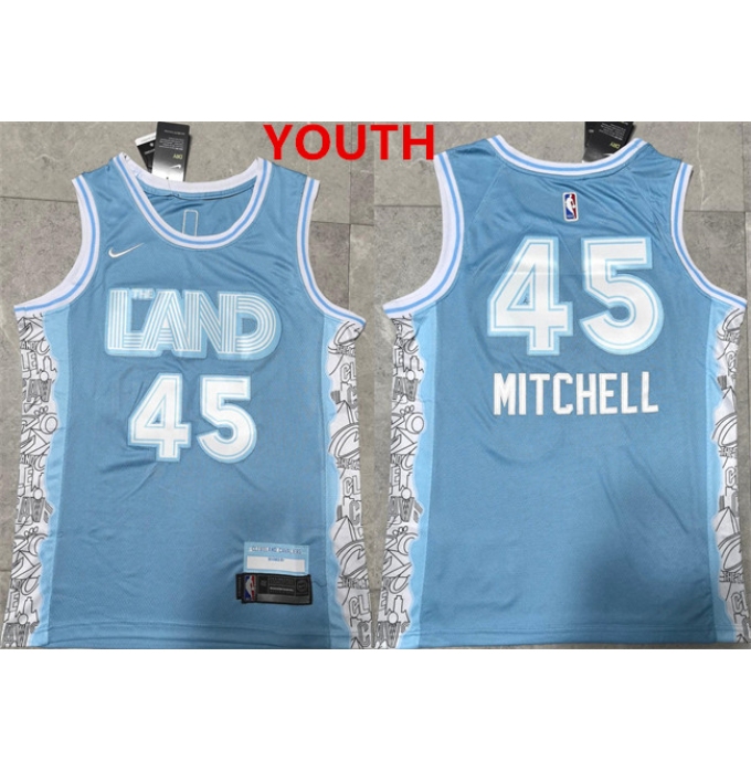 Youth Cleveland Cavaliers #45 donovan mitchell light blue 2024 city edition stitched jersey