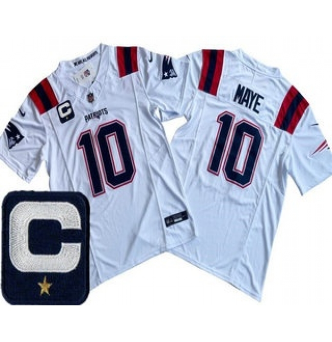 Men's New England Patriots #10 Drake Maye Limited White Captain FUSE Vapor Jersey