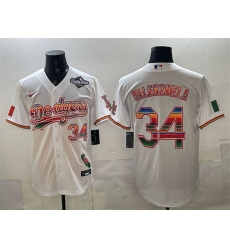 Men's Los Angeles Dodgers #34 Fernando Valenzuela White Mexico California 2025 World Series Patch Stitched Baseball Jersey