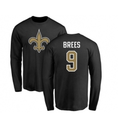 Football New Orleans Saints #9 Drew Brees Black Name & Number Logo Long Sleeve T-Shirt