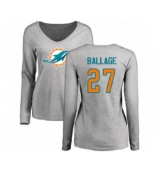 Football Women's Miami Dolphins #27 Kalen Ballage Ash Name & Number Logo Long Sleeve T-Shirt