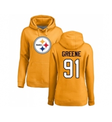 Football Women's Pittsburgh Steelers #91 Kevin Greene Gold Name & Number Logo Pullover Hoodie