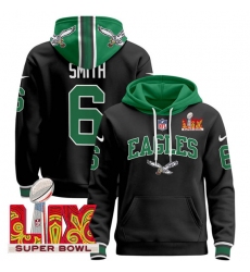 Men's Philadelphia Eagles #6 DeVonta Smith Black 2025 Super Bowl LIX Patch Pullover Stitched Hoodie