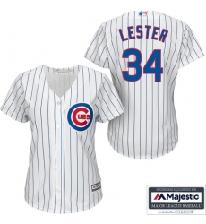 Women's Majestic Chicago Cubs #34 Jon Lester Authentic White/Blue Strip Fashion MLB Jersey