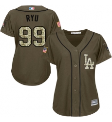 Women's Majestic Los Angeles Dodgers #99 Hyun-Jin Ryu Replica Green Salute to Service MLB Jersey