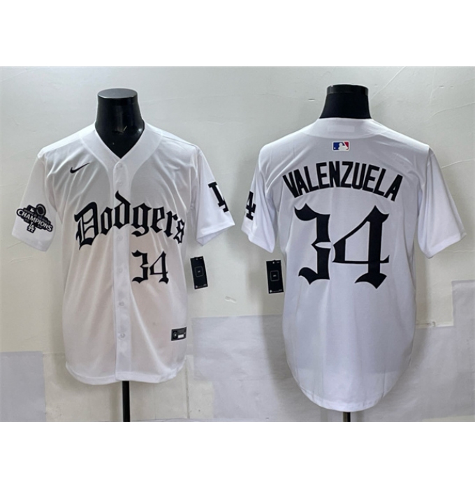 Men's Los Angeles Dodgers #34 Fernando Valenzuela White 2025 LA Gothic Style With 2024 World Series Champions Vapor Premier Limited Stitched Baseball Jerse
