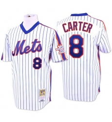 Men's Mitchell and Ness New York Mets #8 Gary Carter Replica White/Blue Strip Throwback MLB Jersey