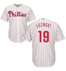 Men's Majestic Philadelphia Phillies #19 Greg Luzinski Replica White/Red Strip Home Cool Base MLB Jersey