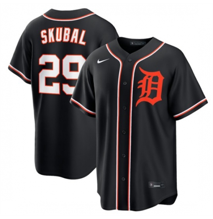Men's Detroit Tigers #29 Tarik Skubal Black Out Stitched Baseball Jersey