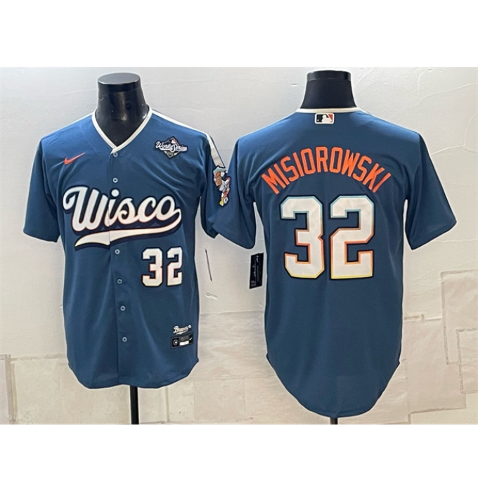 Men's Milwaukee Brewers #32 Jacob Misiorowski Mineral Blue 2026 World Series City Connect Stadium Stitched Baseball Jersey