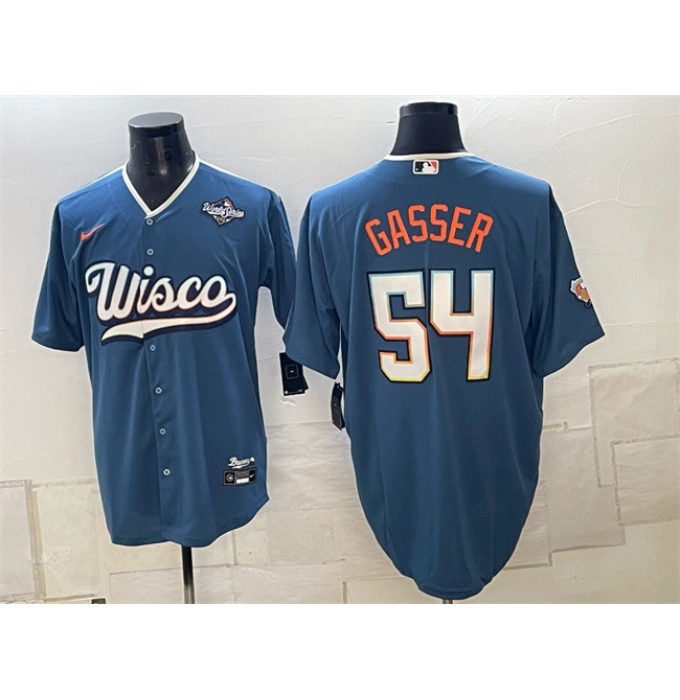 Men's Milwaukee Brewers #54 Robert Gasser Mineral Blue 2026 World Series City Connect Stadium Stitched Baseball Jersey
