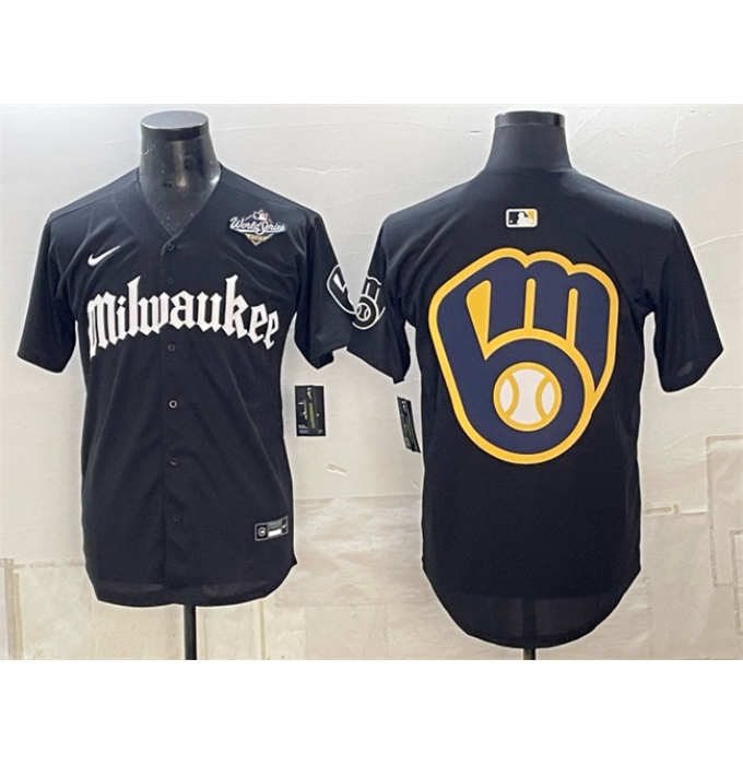 Men's Milwaukee Brewers Team Big Logo Black Gothic 2026 World Series Stitched Baseball Jersey