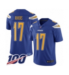 Men's Nike Los Angeles Chargers #17 Philip Rivers Limited Electric Blue Rush Vapor Untouchable 100th Season NFL Jersey