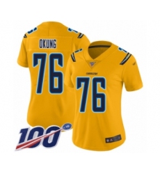 Women's Los Angeles Chargers #76 Russell Okung Limited Gold Inverted Legend 100th Season Football Jersey