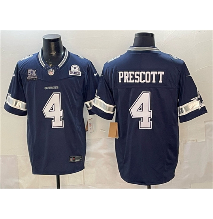 Men's Dallas Cowboys #4 Dak Prescott Navy F.U.S.E. With 5x Super Bowl Champions & Established In 1960 Vapor Limited Stitched Football Jersey