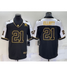Men's Dallas Cowboys #21 Ezekiel Elliott Black Gold Thanksgiving With Patch Stitched Jersey