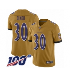 Men's Baltimore Ravens #30 Kenneth Dixon Limited Gold Inverted Legend 100th Season Football Jersey
