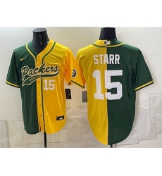 Men's Green Bay Packers #15 Bart Starr Green Gold Split Cool Base Stitched Baseball Jersey